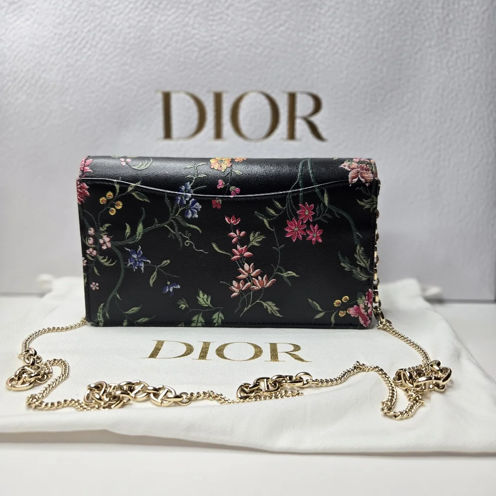 Authentic Black Floral Dior Pouch Wallet On A Chain